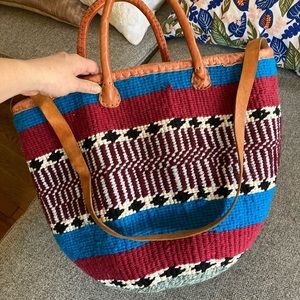 Hand woven bucket tote leather trim​